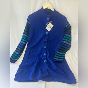 Bob Mackie Wearable Art Color Sleeve Long Duster Cardigan Womens size L Blue